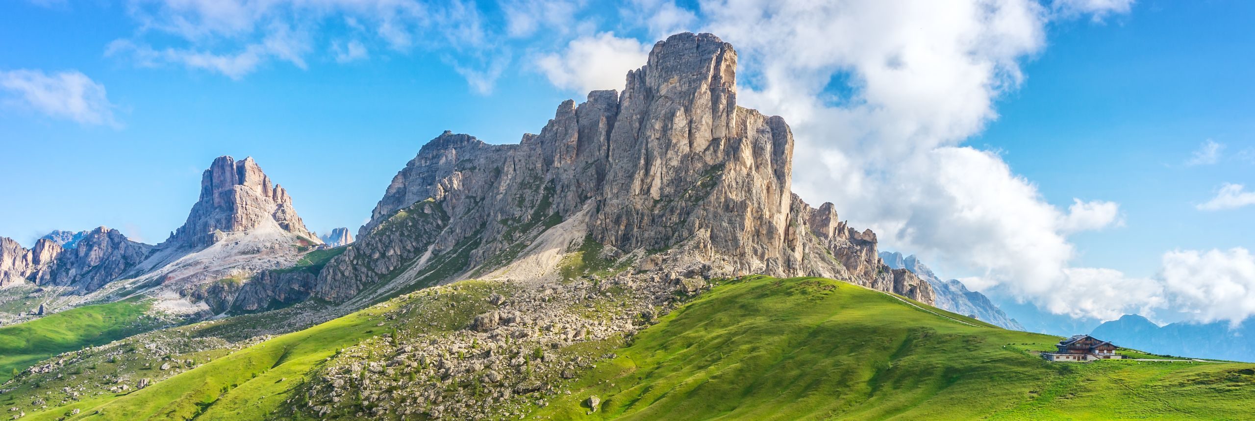 Stunning view of the Dolomites with vibrant greenery, winding road, and blooming alpine flowers under a bright blue sky.
